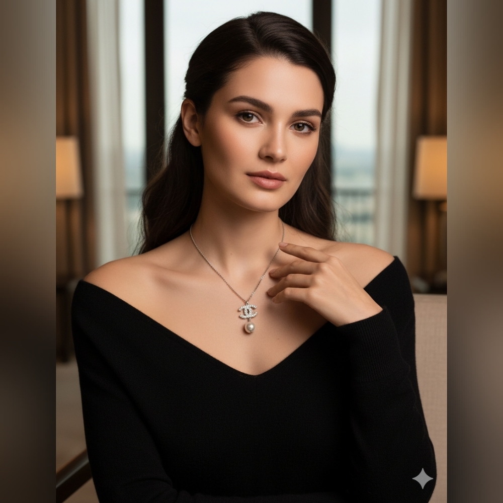 Chanel pearl and pave crystal logo necklace 2018 w/ box and velour pouch